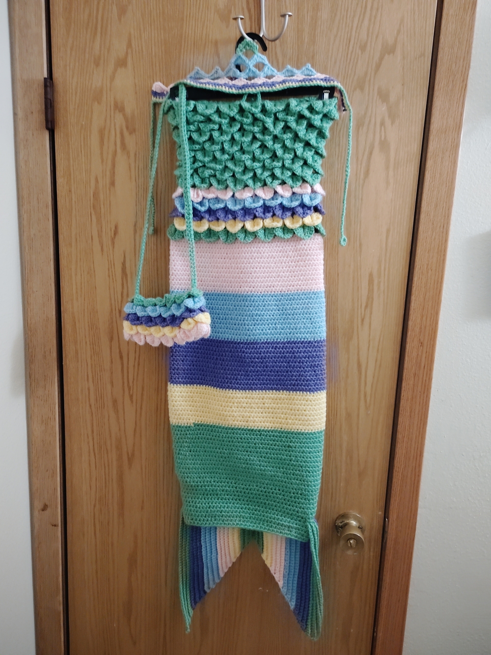 Handmade Crochet Mermaid Tail Blanket with Matching Pouch - Pastel Stripes